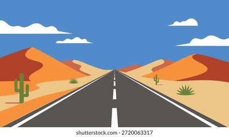 Ilustración vectorial plana de una carretera recta que cruza un paisaje desértico con dunas de arena, montañas y cactus bajo un cielo azul brillante. Adecuado para viajes, aventuras, temas de transporte, conceptos de viaje por carretera, paisajes del desierto e ilustraciones de fondo.