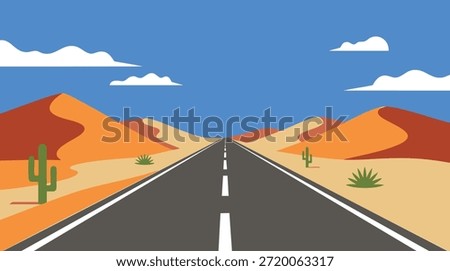 Flat vector illustration of a straight highway crossing a desert landscape with sand dunes, mountains, and cactus under a bright blue sky. Suitable for travel, adventure, transportation themes, road trip concepts, desert scenery, and background illustrations.