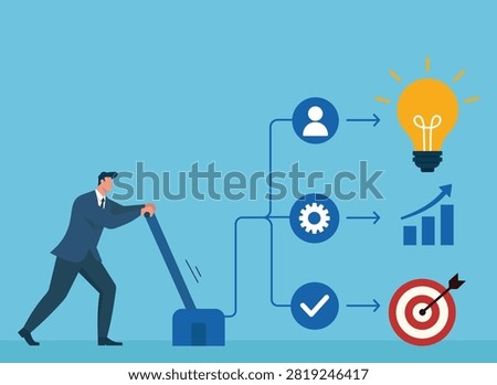 Flat vector illustration of a strategic execution process connecting teamwork, performance growth, and target objectives