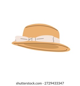 Flat vector illustration of straw hats with ribbon in different angles and views. Elegant summer accessory isolated on white background with soft pastel colors. Perfect for fashion design, summer themes, travel projects, beach concepts, lifestyle graphics, branding, and editorial illustrations.