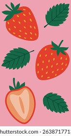 Flat vector illustration of strawberries with leaves – fresh, juicy red fruits in a cute and playful cartoon style on pink background