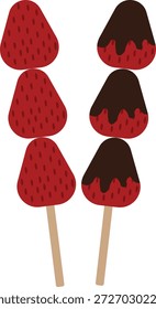 Ilustração de vetor plano de morangos em varas, apresentando morangos frescos e morangos mergulhados em chocolate dispostos verticalmente.
