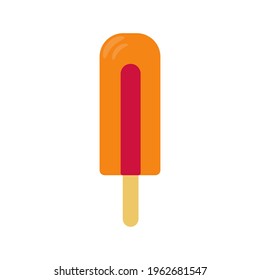 Flat vector illustration of strawberry or raspberry ice cream or frozen juice popsicle in bright pink ond orange colors. Isolated on white background.