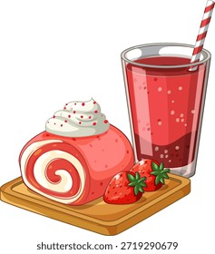Flat vector illustration of strawberry roll cake and fruit juice on a wooden board