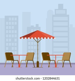 Flat Vector Illustration. Street Cafe. Tables, chairs and a large umbrella on the background of the city