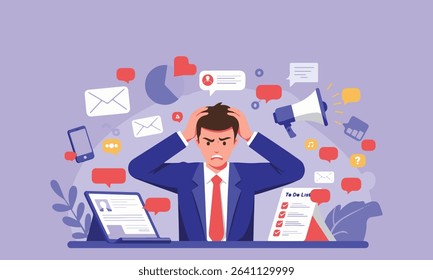 Flat vector illustration of a stressed businessman surrounded by overwhelming digital notifications, emails, messages, and data overload on a purple background. Concept of burnout, and multitasking