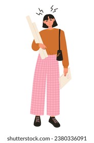 Ilustración vectorial plana de una estudiante estresada. Moderna ilustración de diseño plano de mujer cansada y preocupada. Estudiante con un paquete de papel y un libro. Salud mental. Plazos para los estudiantes.