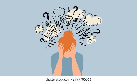 A flat vector illustration of a stressed woman with her hands on her head, surrounded by chaotic scribbles, question marks, and clouds, representing anxiety, confusion, and mental overload.