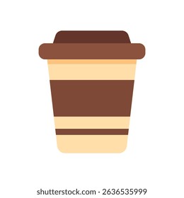 Flat vector illustration of striped coffee cup in brown and beige color on white background