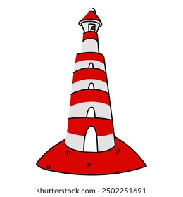 Flat vector illustration of a striped lighthouse, painted in red and white colors, standing on top in the grass. Illustration in the colors of the Canadian flag the subject of association with Canada.