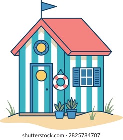Flat vector illustration of a striped teal and white beach house with a coral roof, flag, porthole window, life buoy, shuttered window, and potted plants on a sandy ground.