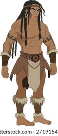 "Flat vector illustration of a strong tribal warrior character with long hair and traditional outfit
