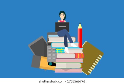 Flat vector illustration of a Student girl sitting on the books pile, design templates for education, isolated vector concepts