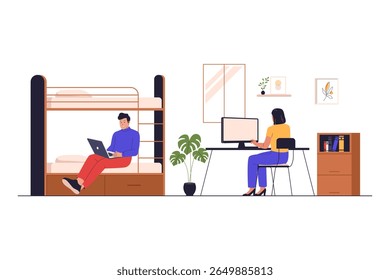 Flat Vector Illustration of Students Living and Studying in a Dorm Room. Illustrations for websites, landing pages, mobile apps, posters and banners