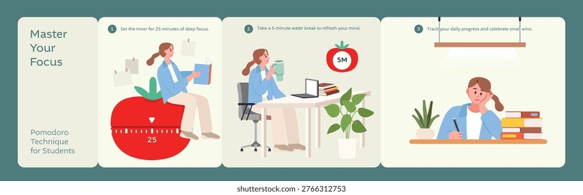 A flat vector illustration of students practicing the Pomodoro technique with a giant tomato timer, featuring characters studying and resting.