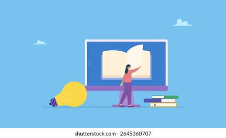 Flat vector illustration of students reading books online and working on computer monitors. Symbolizes online education and E-learning, e-book or pdf book.