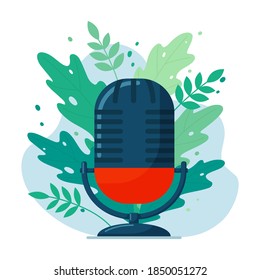 Ilustración vectorial plana: Micrófono de estudio. Concepto de podcast.