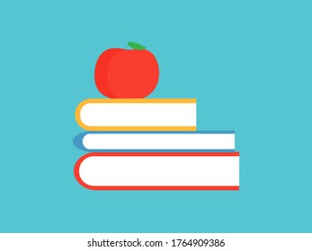 Flat vector illustration. Study background. Business and education wallpaper. Colorful books graphic. Digital learning, courses and tutorials background. Website wallpaper. Apple on books.