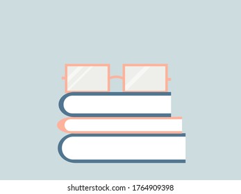 Flat vector illustration. Study background. Business and education wallpaper. Colorful books graphic. Digital learning, courses and tutorials background. Website wallpaper. Glasses on books.
