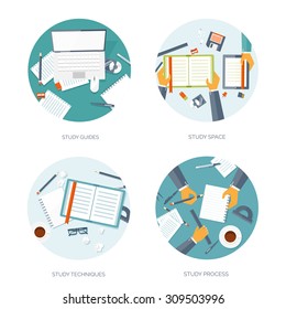Flat vector illustration. Study background. Back to school, education and learning. Online courses and e-learning. Knowledge, science. Emailing, e-book.