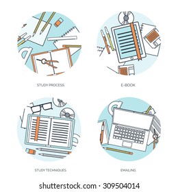 Flat vector illustration. Study background. Back to school, education and learning. Online courses and e-learning. Knowledge, science. Emailing, e-book.