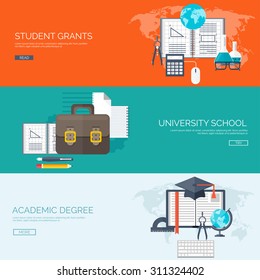 Flat vector illustration. Study background. Education and learning. Back to school. E-learning, web courses. Online teacher. Power of knowledge. University, school.