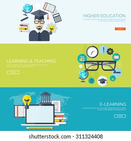 Flat vector illustration. Study background. Education and learning. Back to school. E-learning, web courses. Online teacher. Power of knowledge. University, school.