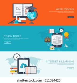 Flat vector illustration. Study background. Education and learning. Back to school. E-learning, web courses. Online teacher. Power of knowledge. University, school.