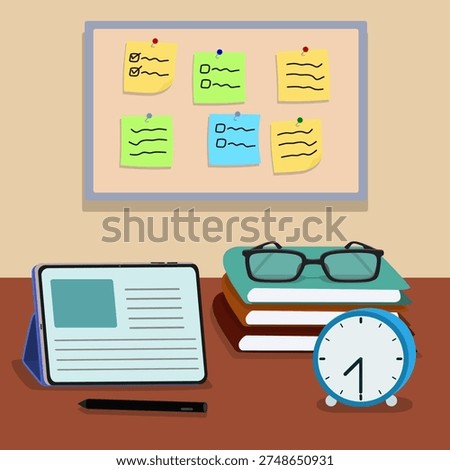 Flat vector illustration of a study desk with tablet, books, glasses, clock and bulletin board with sticky notes. Workspace scene representing productivity, planning, study routine and time management.