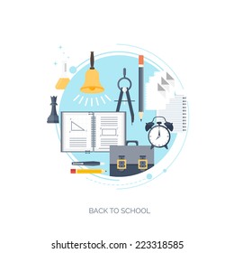 Flat vector illustration. Study and learning concept background. Distance education, online courses, brainstorm, knowledge growth,school and university subjects.Success and ideas,learn process.