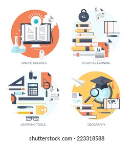 Flat vector illustration. Study and learning concept background. Distance education, online courses, brainstorm, knowledge growth,school and university subjects.Success and ideas,learn process.