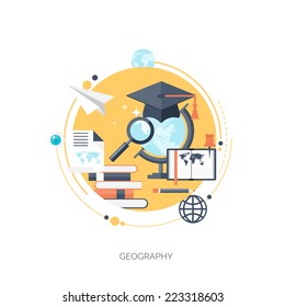 Flat vector illustration. Study and learning concept background. Distance education, online courses, brainstorm, knowledge growth,school and university subjects.Success and ideas,learn process.