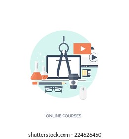 Flat vector illustration. Study and learning concept background. Distance education, brainstorm and knowledge growth,school and university subjects.Success and smart ideas, skills up. 