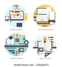 Flat vector illustration. Study and learning concept backgrounds set. Distance education, brainstorm and knowledge growth,school and university subjects.Success and smart ideas, skills up. 