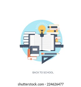 Flat vector illustration. Study and learning concept background. Distance education, brainstorm and knowledge growth,school and university subjects.Success and smart ideas, skills up. 