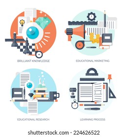 Flat vector illustration. Study and learning concept backgrounds set. Distance education, brainstorm and knowledge growth,school and university subjects.Success and smart ideas, skills up. 