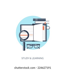 Flat vector illustration. Study and learning concept background. Distance education, brainstorm and knowledge growth,school and university subjects.Success and smart ideas, skills up. 