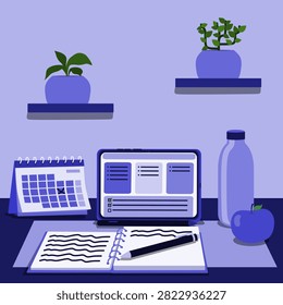 Flat vector illustration of a study and work desk featuring a laptop, open notebook, pencil, calendar, apple, water bottle and potted plants in a cool purple and blue color palette.