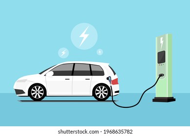Flat vector illustration style of a white electric car charging at the green charger station. Electromobility e-motion concept.