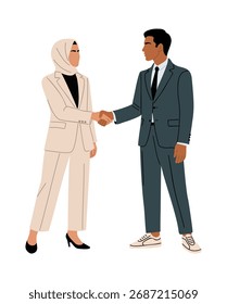 Flache Vektorgrafik einer stylischen arabischen Frau im modernen Hidschab und beigem Anzug, die mit einem Mann im blauen Anzug und Turnschuhen die Hände schüttelt, einzeln auf weißem Hintergrund.
