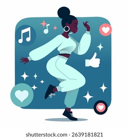 a flat vector illustration of a stylish Black woman dancing joyfully inside a rectangle frame