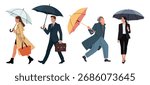 Flat vector illustration of stylish business people walking with umbrellas in rainy weather. Diverse men and women in coats and suits, modern city scene, isolated on white background