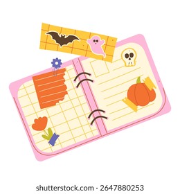 Flat vector illustration of a stylish daily planner decorated with pumpkin, skull and flower stickers, paper notes and clips