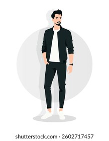 Flat vector illustration of a stylish man in a black jacket and casual pants. The faceless figure stands confidently in a modern, minimalist style.
