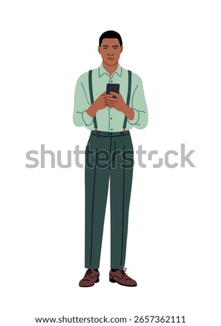 Flat vector illustration of a stylish man wearing suspenders and dress shoes, holding a smartphone. Modern, minimal design isolated on white background. Great for tech, fashion, and lifestyle themes