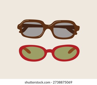 Flat Vector Illustration of Stylish Retro Sunglasses Set Featuring Classic Brown Tortoise Shell and Red Oval Frames Isolated on Background for Fashion, Summer, and Lifestyle Graphic Design