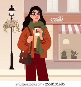 A flat vector illustration of a stylish woman standing near a cozy cafe while holding a coffee cup. She is dressed in a chic autumn outfit with a scarf, crossbody bag, and glasses, perfectly capturing