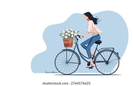 Flat vector illustration of a stylish woman happily riding a bicycle with a front basket full of blooming pink roses. Free spirit and spring concept. Minimalist vector 