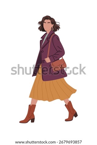 Flat vector illustration of a stylish woman walking in autumn clothes. Casual coat, skirt, and boots. Side view, full length, isolated on white background