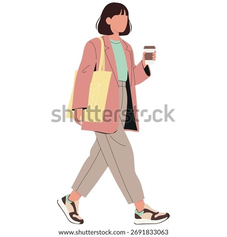 Flat vector illustration of a stylish woman walking while holding a takeaway coffee cup and carrying a tote bag, wearing casual trendy clothes